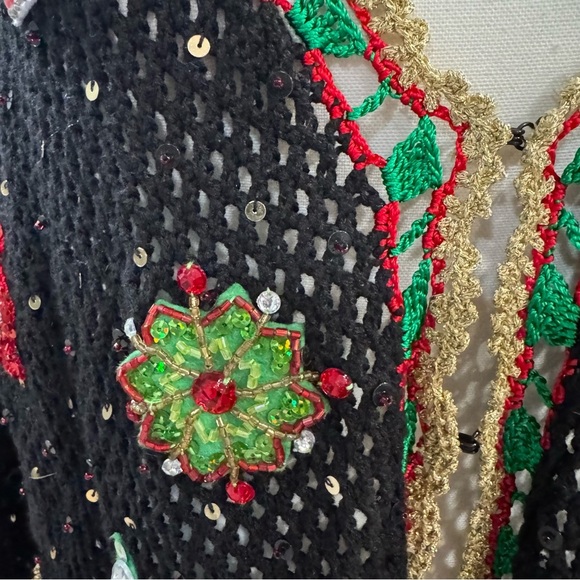 Berek Crocheted Beaded Short Holiday Christmas Cardigan Sweater Black Gold XL - Picture 3 of 7